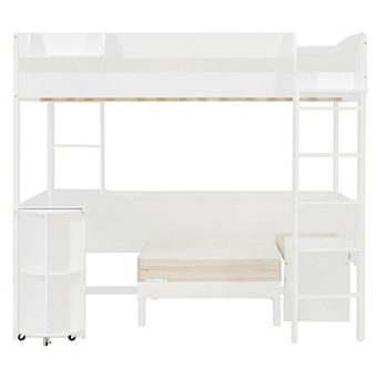 Merax Full Size Wood Loft Bed with Desk, Bedside Storage Shelf, Sofa and Light