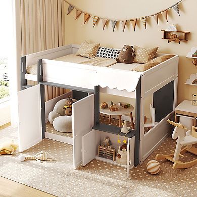 Merax Full Loft House Bed with Playhouse & Storage, Modern Wood Cabin Bed