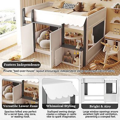 Merax Full Loft House Bed with Playhouse & Storage, Modern Wood Cabin Bed