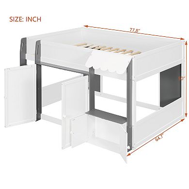 Merax Full Loft House Bed with Playhouse & Storage, Modern Wood Cabin Bed