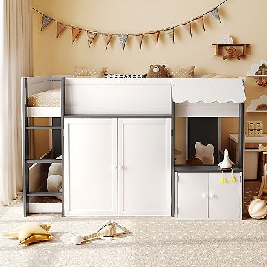 Merax Full Loft House Bed with Playhouse & Storage, Modern Wood Cabin Bed