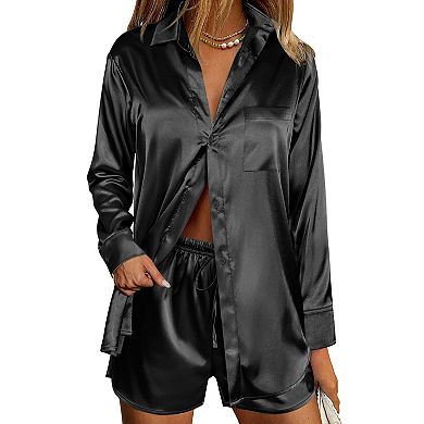 Womens Satin Pajama Sets Button Down Loungewear Soft Pjs