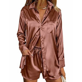 Womens Satin Pajama Sets Button Down Loungewear Soft Pjs