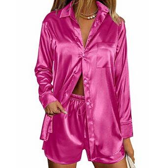 Womens Satin Pajama Sets Button Down Loungewear Soft Pjs