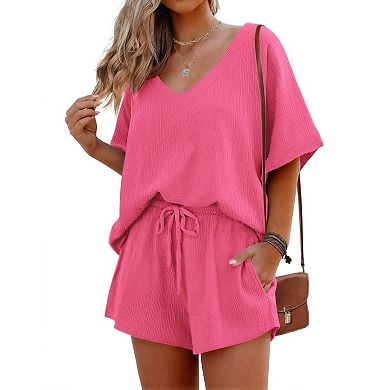 Elouaer Pajamas Two Piece V Neck Lounge Sets Matching Outfits Shorts Sleep