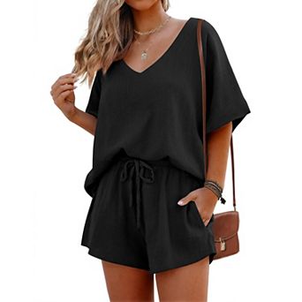 Elouaer Pajamas Two Piece V Neck Lounge Sets Matching Outfits Shorts Sleep