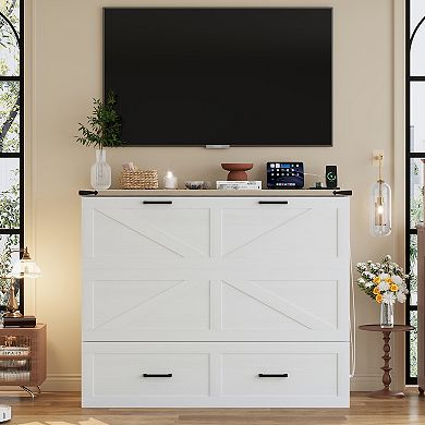 Merax Farmhouse Murphy Cabinet Bed with Charging Station Foldable Platform Bed with Storage Drawer