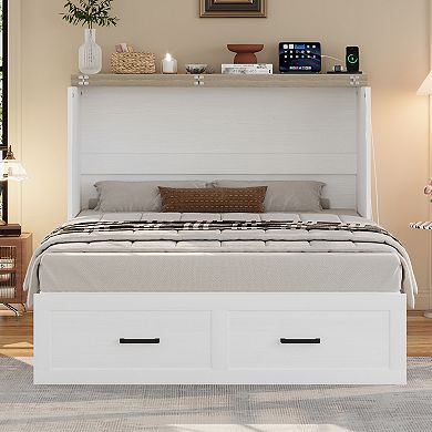 Merax Farmhouse Murphy Cabinet Bed with Charging Station Foldable Platform Bed with Storage Drawer