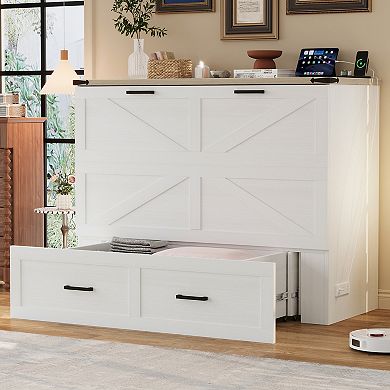 Merax Farmhouse Murphy Cabinet Bed with Charging Station Foldable Platform Bed with Storage Drawer