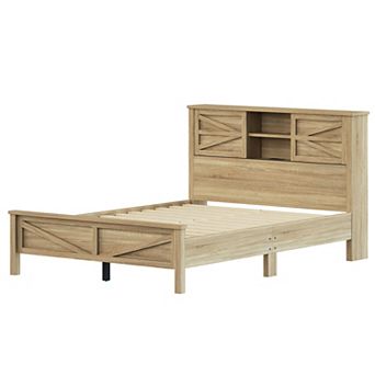 Merax Bedroom Sets Queen Size Farmhouse Platform Bed with Double Sliding Door Storage Headboard