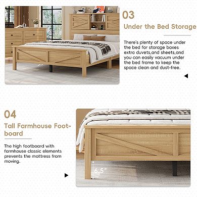 Merax Bedroom Sets Queen Size Farmhouse Platform Bed with Double Sliding Door Storage Headboard