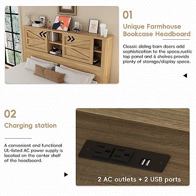 Merax Bedroom Sets Queen Size Farmhouse Platform Bed with Double Sliding Door Storage Headboard