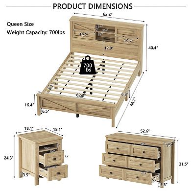 Merax Bedroom Sets Queen Size Farmhouse Platform Bed with Double Sliding Door Storage Headboard