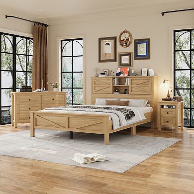 Merax Bedroom Sets Queen Size Farmhouse Platform Bed with Double Sliding Door Storage Headboard
