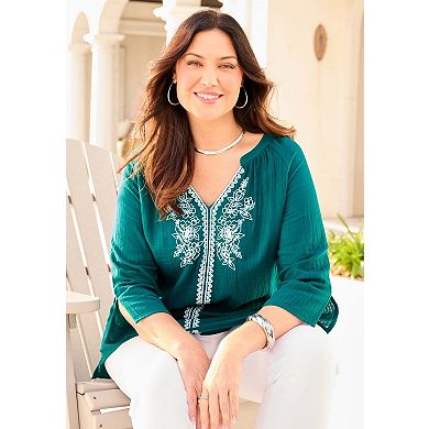 Catherines Women's Plus Size Embroidered Peasant Blouse