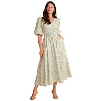 Roaman's Women's Plus Size V-Neck Sleeve Smocked Waist Maxi Dress