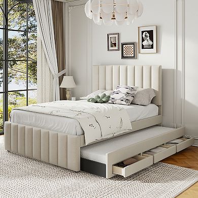 Merax Full Size Upholstered Platform Bed with Twin Size Trundle and 3 Drawers