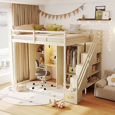 Merax Full Size Loft Bed with Storage Staircase,Built-In Dressing Table with Mirror and Drawer