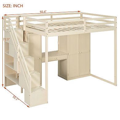 Merax Full Size Loft Bed with Storage Staircase,Built-In Dressing Table with Mirror and Drawer