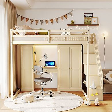 Merax Full Size Loft Bed with Storage Staircase,Built-In Dressing Table with Mirror and Drawer