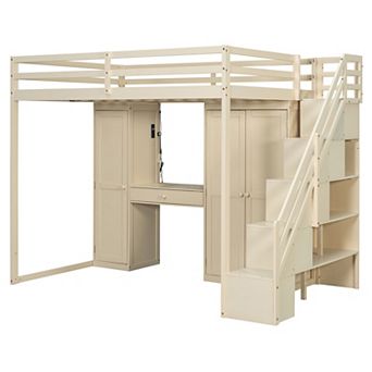 Merax Full Size Loft Bed with Storage Staircase,Built-In Dressing Table with Mirror and Drawer