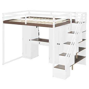 Merax Full Size Loft Bed with Storage Staircase,Built-In Dressing Table with Mirror and Drawer