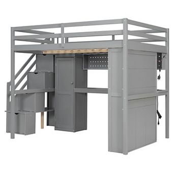 Merax Full Size Loft Bed with Storage Staircase,Built-In Dressing Table with Mirror and Drawer
