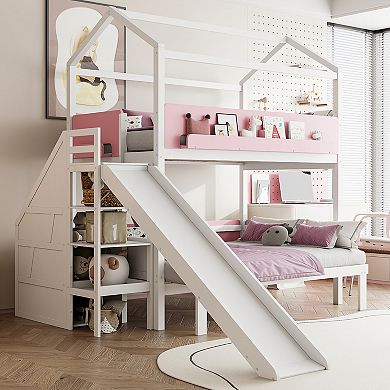 Merax House-Shaped Wooden Bunk Bed with Slide & Storage Staircase