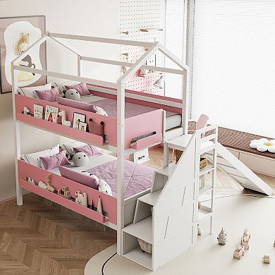 Merax House-Shaped Wooden Bunk Bed with Slide & Storage Staircase