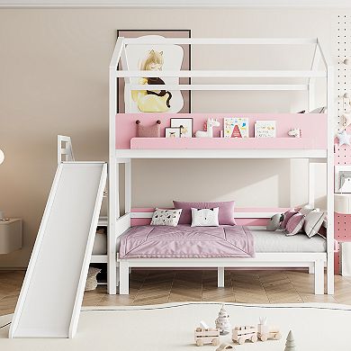 Merax House-Shaped Wooden Bunk Bed with Slide & Storage Staircase