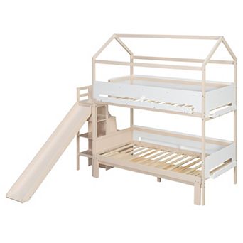 Merax House-Shaped Wooden Bunk Bed with Slide & Storage Staircase