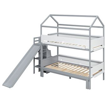 Merax House-Shaped Wooden Bunk Bed with Slide & Storage Staircase