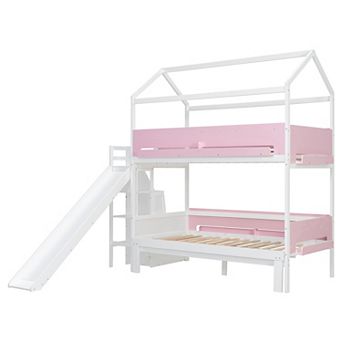 Merax House-Shaped Wooden Bunk Bed with Slide & Storage Staircase