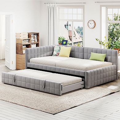 Merax Full Size Upholstered L-Shaped Upholstered Daybed with Twin Size Pop Up Trundle and USB ports