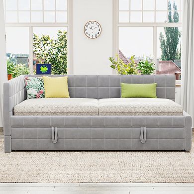 Merax Full Size Upholstered L-Shaped Upholstered Daybed with Twin Size Pop Up Trundle and USB ports