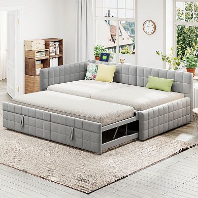 Merax Full Size Upholstered L-Shaped Upholstered Daybed with Twin Size Pop Up Trundle and USB ports