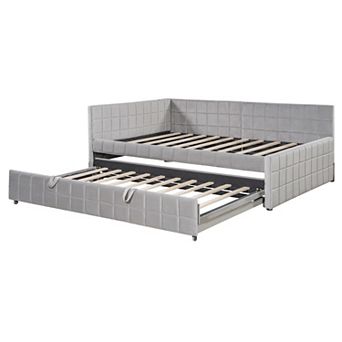 Merax Full Size Upholstered L-Shaped Upholstered Daybed with Twin Size Pop Up Trundle and USB ports