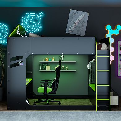 Merax Full Size Wood Loft Bed with Height adjustable Desk