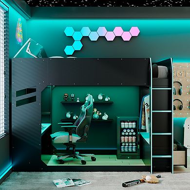 Merax Full Size Wood Loft Bed with Height adjustable Desk