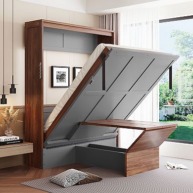 Merax Full Size Murphy Bed with Foldable Desk Space Saving Wall Bed