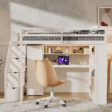 Merax Full Loft Bed Frame with Built-In Wardrobe, Study Desk, Storage Shelves