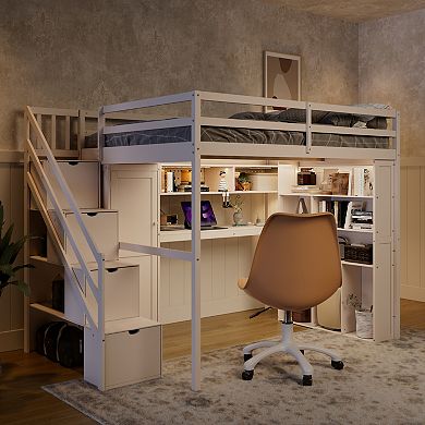 Merax Full Loft Bed Frame with Built-In Wardrobe, Study Desk, Storage Shelves
