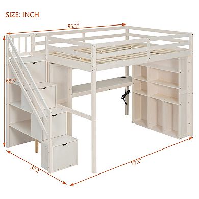 Merax Full Loft Bed Frame with Built-In Wardrobe, Study Desk, Storage Shelves