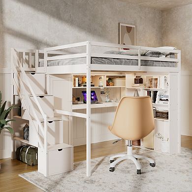 Merax Full Loft Bed Frame with Built-In Wardrobe, Study Desk, Storage Shelves