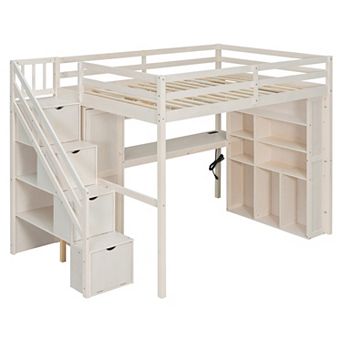 Merax Full Loft Bed Frame with Built-In Wardrobe, Study Desk, Storage Shelves