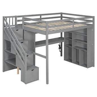 Merax Full Loft Bed Frame with Built-In Wardrobe, Study Desk, Storage Shelves