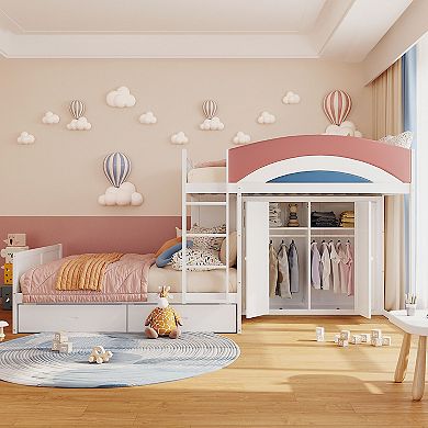 Merax Full Size Offset Bunk Bed with Wardrobe & Drawers, Upholstered Guardrail