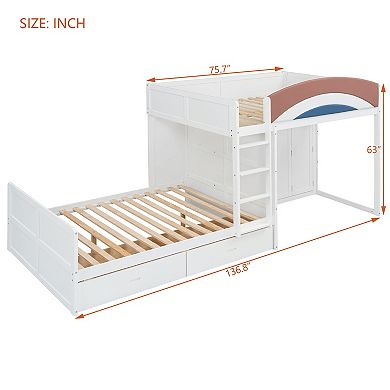 Merax Full Size Offset Bunk Bed with Wardrobe & Drawers, Upholstered Guardrail