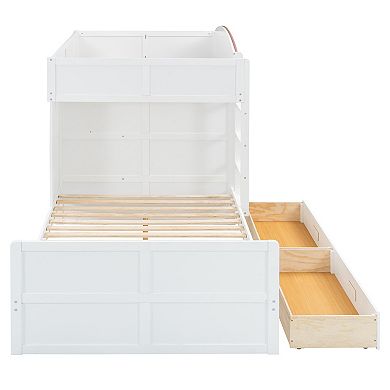 Merax Full Size Offset Bunk Bed with Wardrobe & Drawers, Upholstered Guardrail