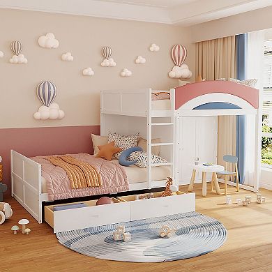 Merax Full Size Offset Bunk Bed with Wardrobe & Drawers, Upholstered Guardrail